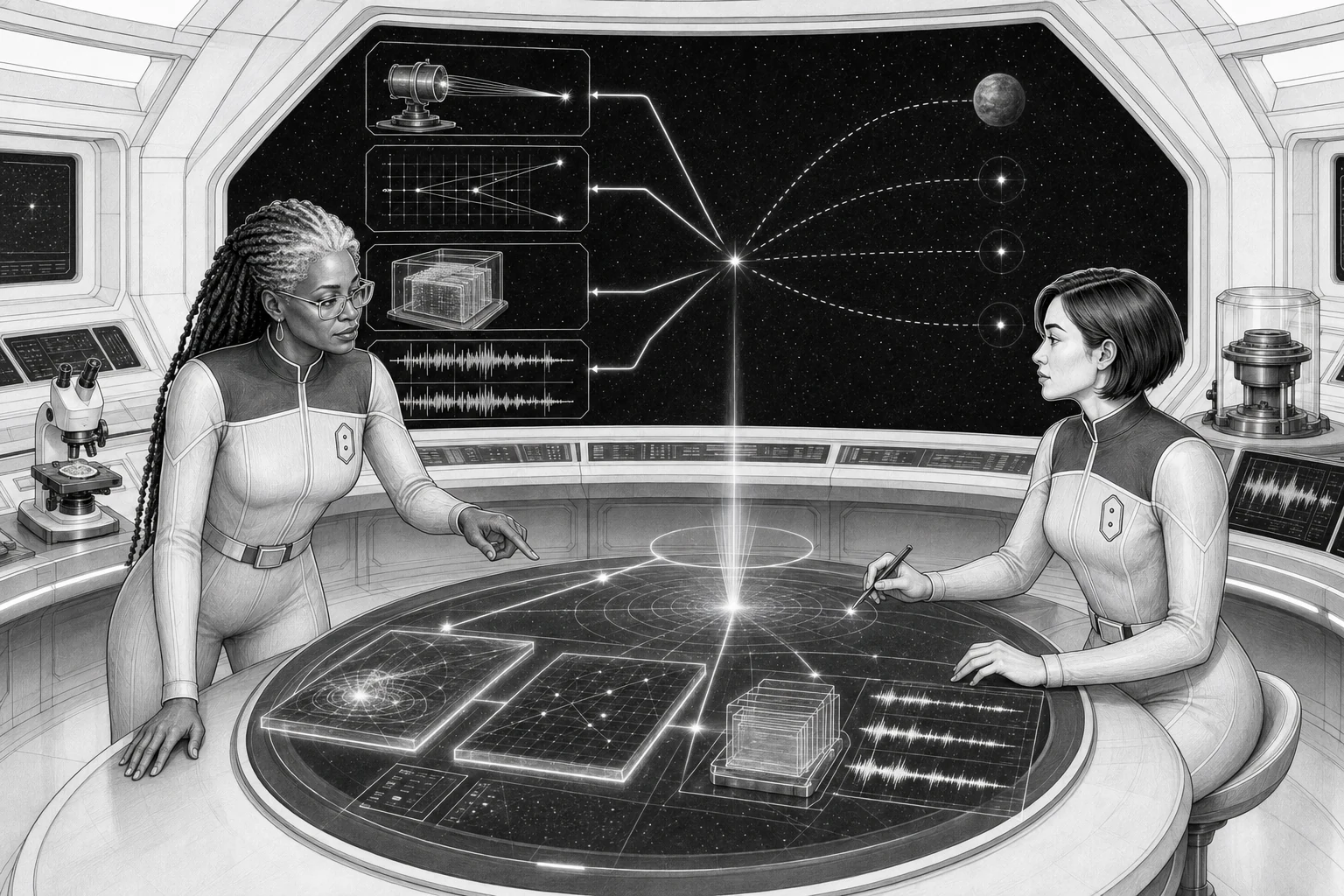 Two research officers compare optical, geometric, source, and independent sensor evidence in a starship laboratory before drawing a conclusion